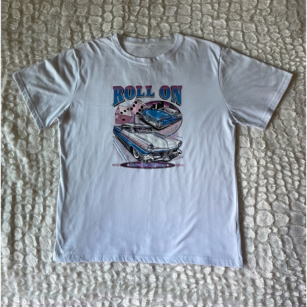 Men’s Pre-owned white T-shirt (ROLL ON DOWN THE HIGHWAY) (L)